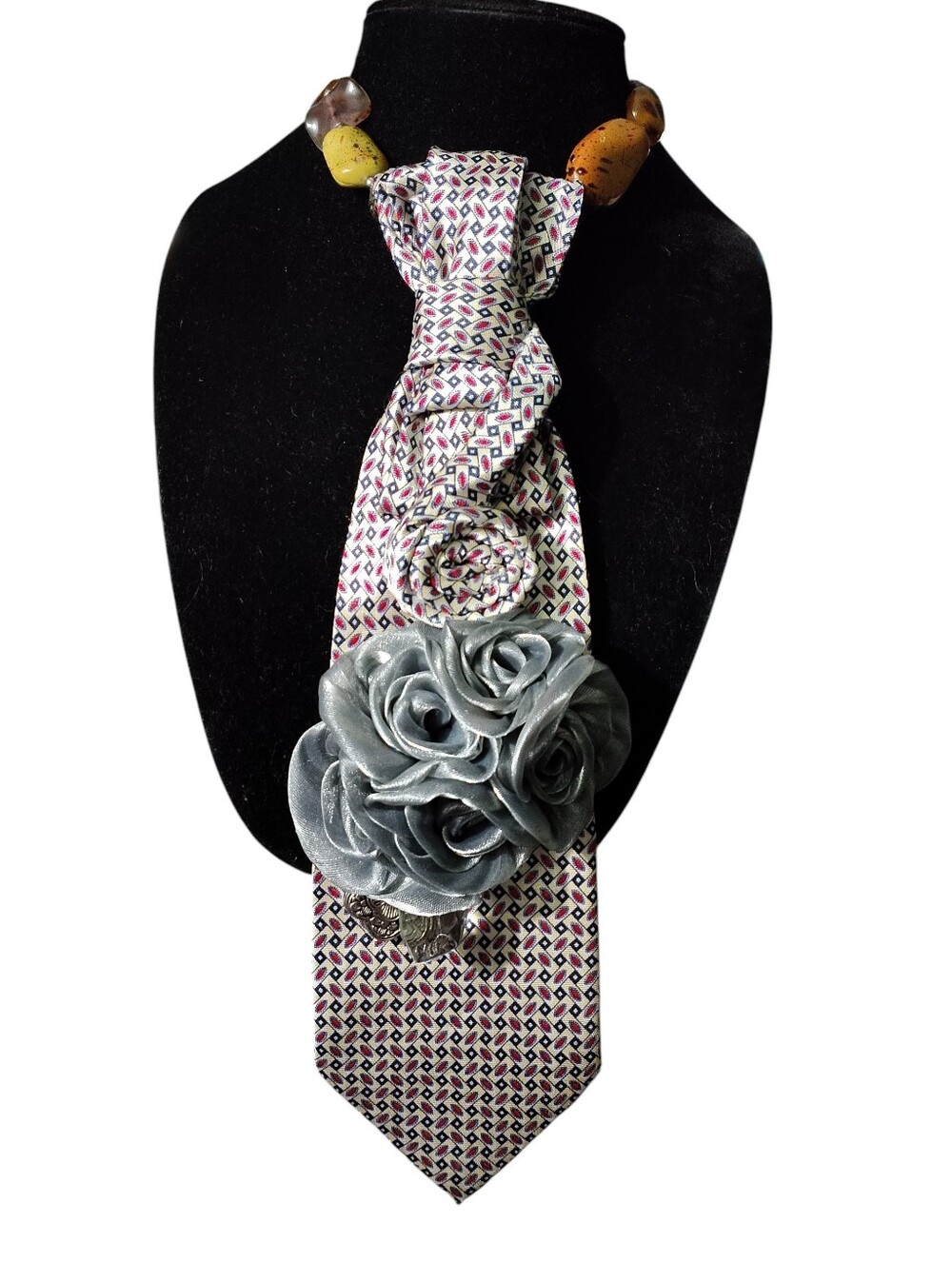 Gray Rose Tie Necklace with Patterned Fabric - Women Jewelry